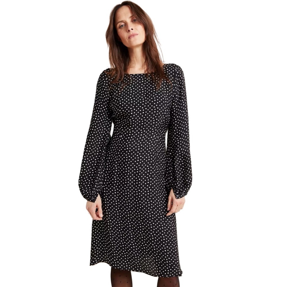 Anthropologie Agatha Midi Dress In Black & White Polka Dot With Open Back. Sz 8.